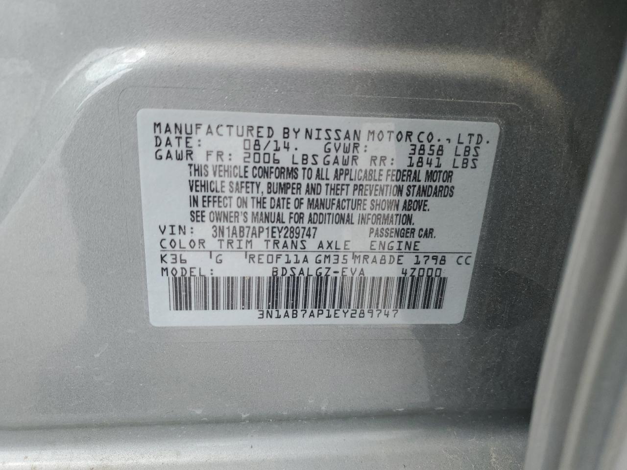 3N1AB7AP1EY289747 2014 Nissan Sentra S