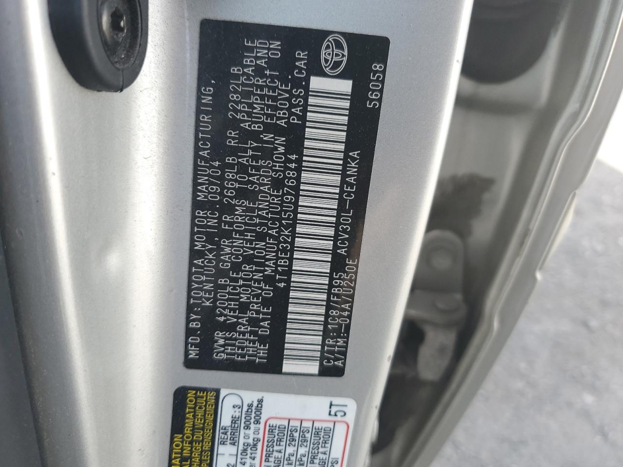 2005 Toyota Camry Le VIN: 4T1BE32K15U976844 Lot: 51965214