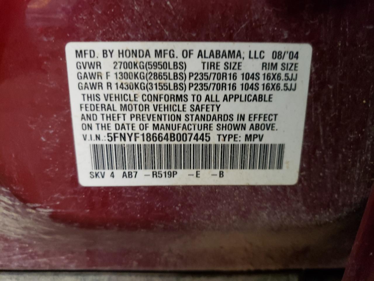 2004 Honda Pilot Exl VIN: 5FNYF18664B007445 Lot: 50098154