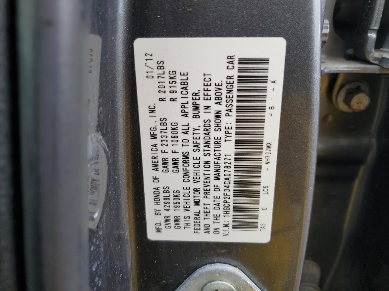 1HGCP2F34CA078271 2012 Honda Accord Lx