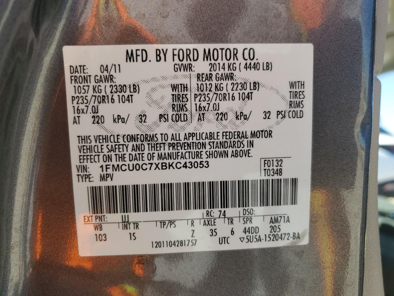 1FMCU0C7XBKC43053 2011 Ford Escape Xls