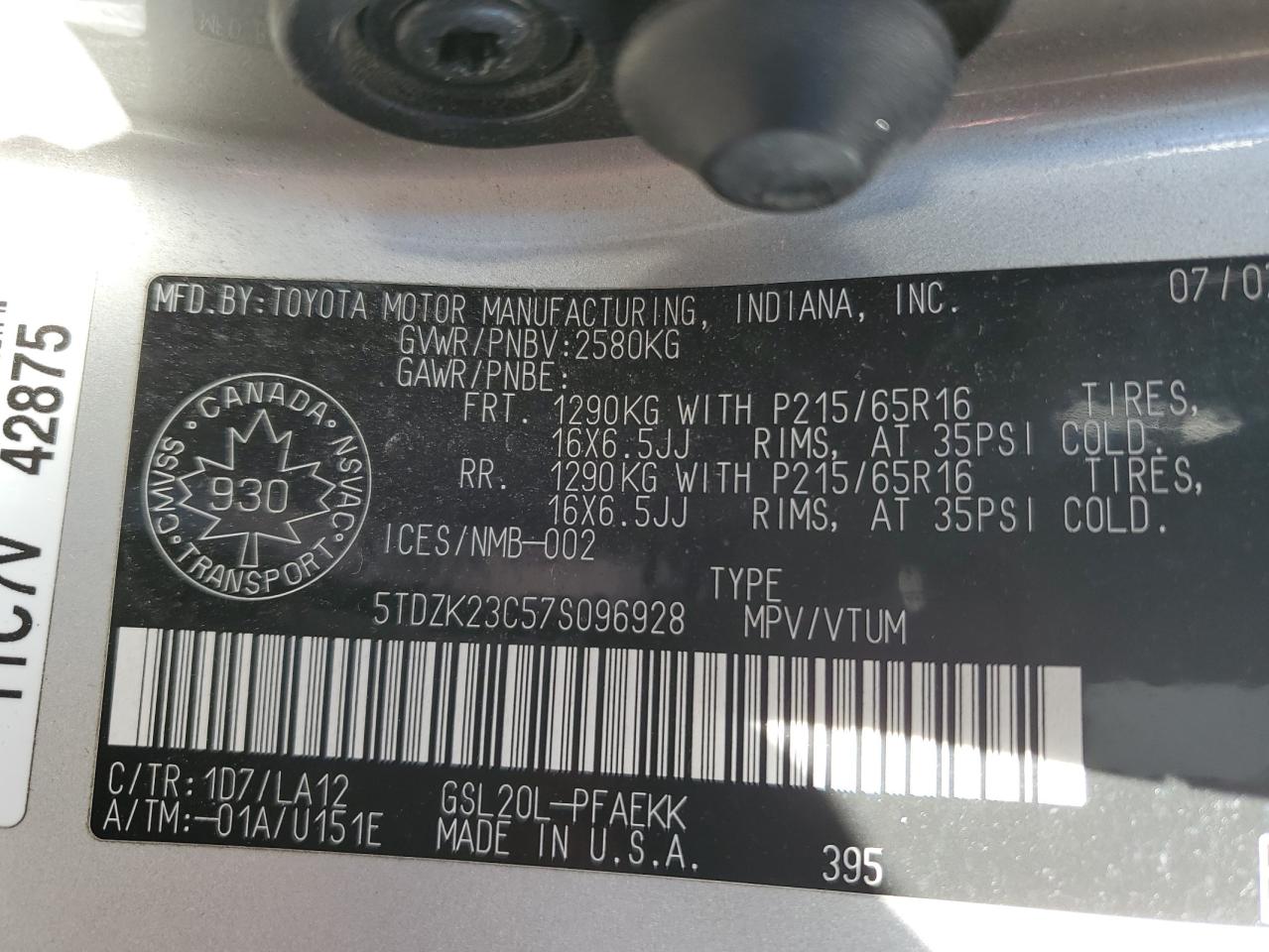 2007 Toyota Sienna Ce VIN: 5TDZK23C57S096928 Lot: 88446755