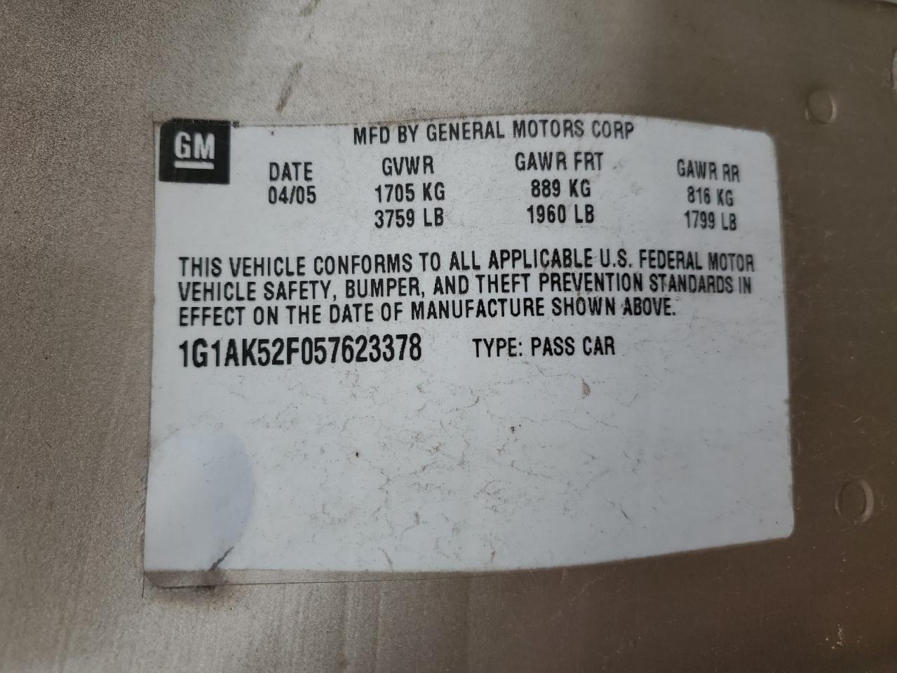 2005 Chevrolet Cobalt VIN: 1G1AK52F057623378 Lot: 52901564