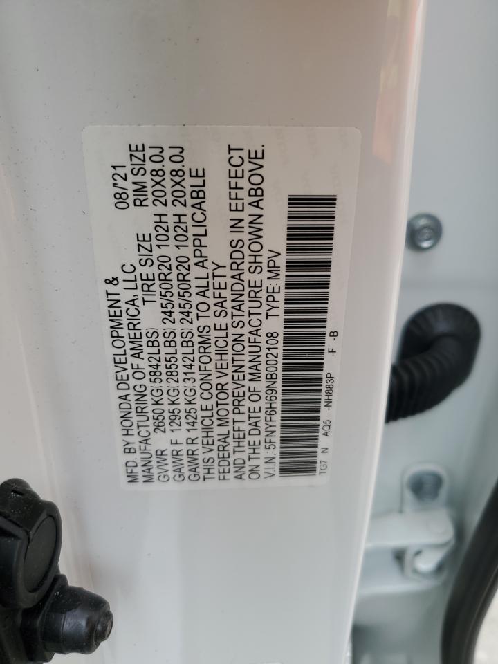 2022 Honda Pilot Touring VIN: 5FNYF6H69NB002108 Lot: 53122874