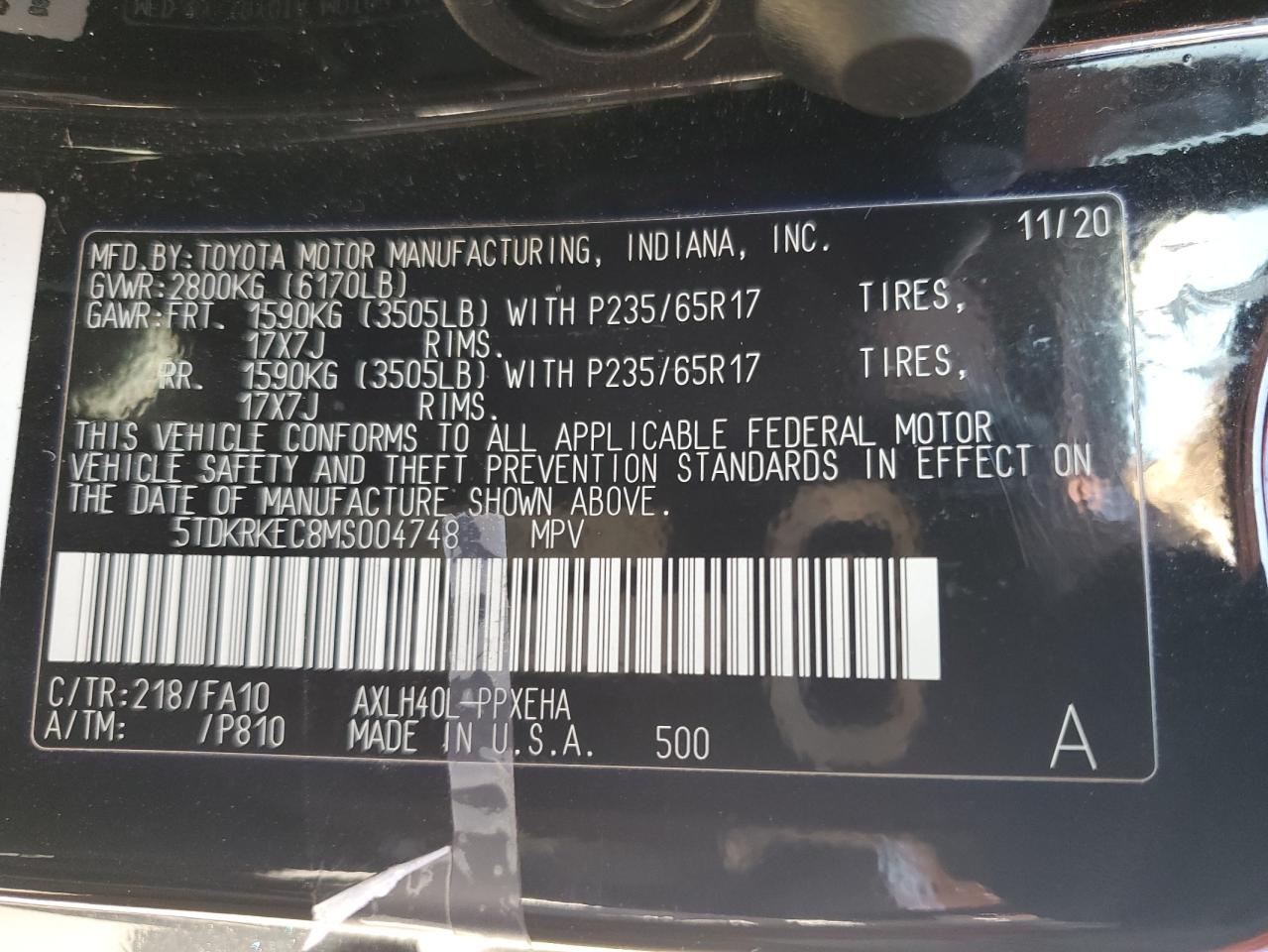 2021 Toyota Sienna Le VIN: 5TDKRKEC8MS004748 Lot: 50726054