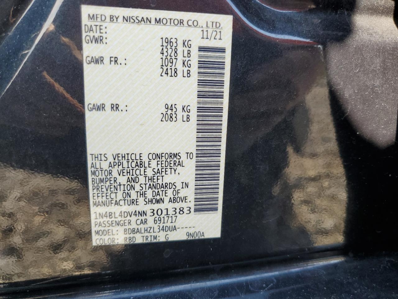 1N4BL4DV4NN301383 2022 Nissan Altima Sv