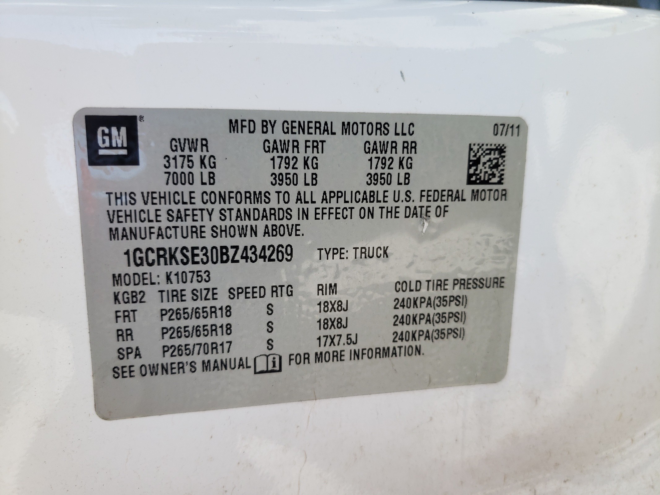 1GCRKSE30BZ434269 2011 Chevrolet Silverado K1500 Lt