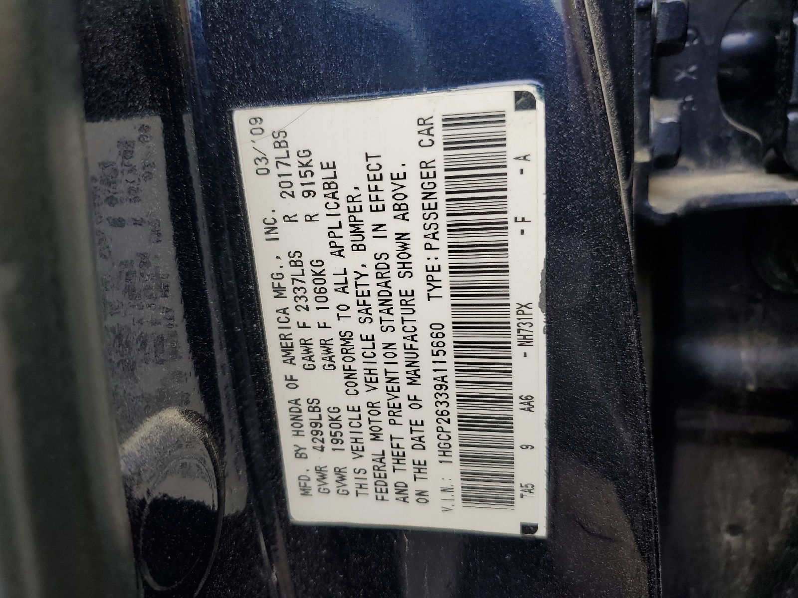 1HGCP26339A186048 2009 Honda Accord Lx