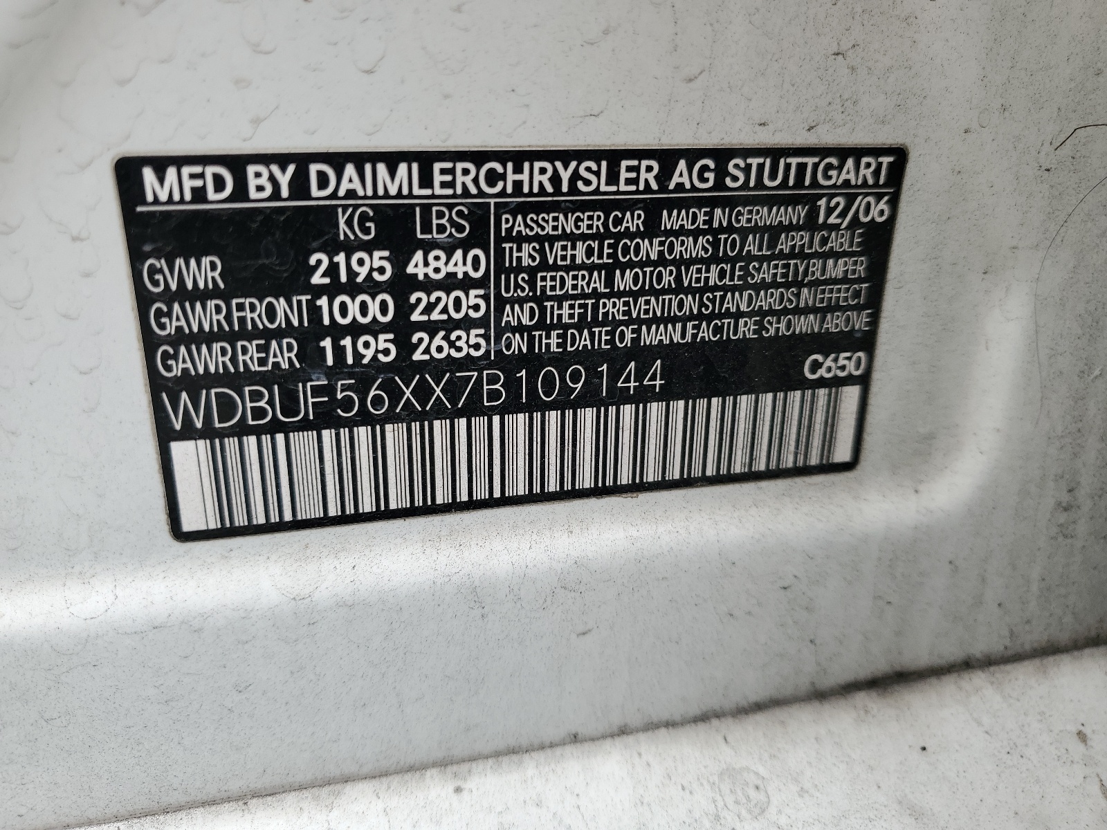 WDBUF56XX7B109144 2007 Mercedes-Benz E 350