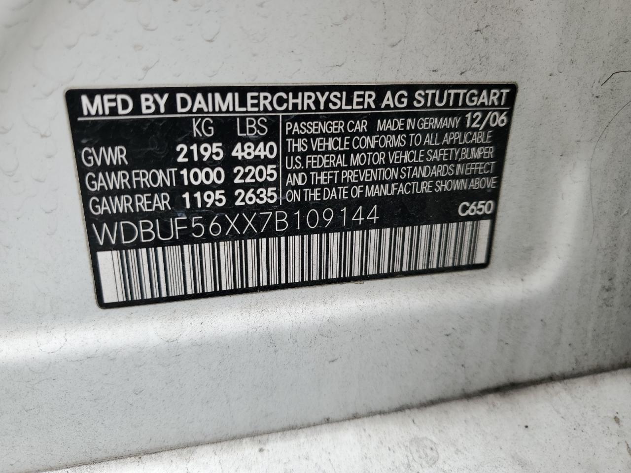 2007 Mercedes-Benz E 350 VIN: WDBUF56XX7B109144 Lot: 52101494