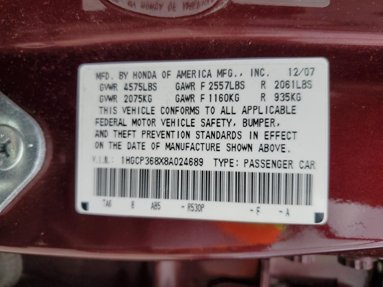 1HGCP368X8A024689 2008 Honda Accord Exl