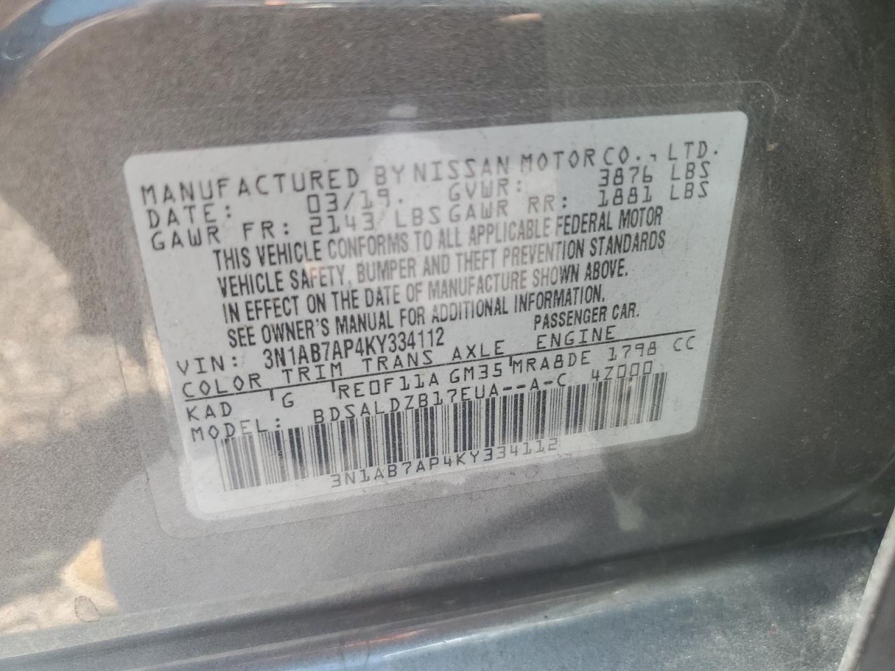 3N1AB7AP4KY334112 2019 Nissan Sentra S