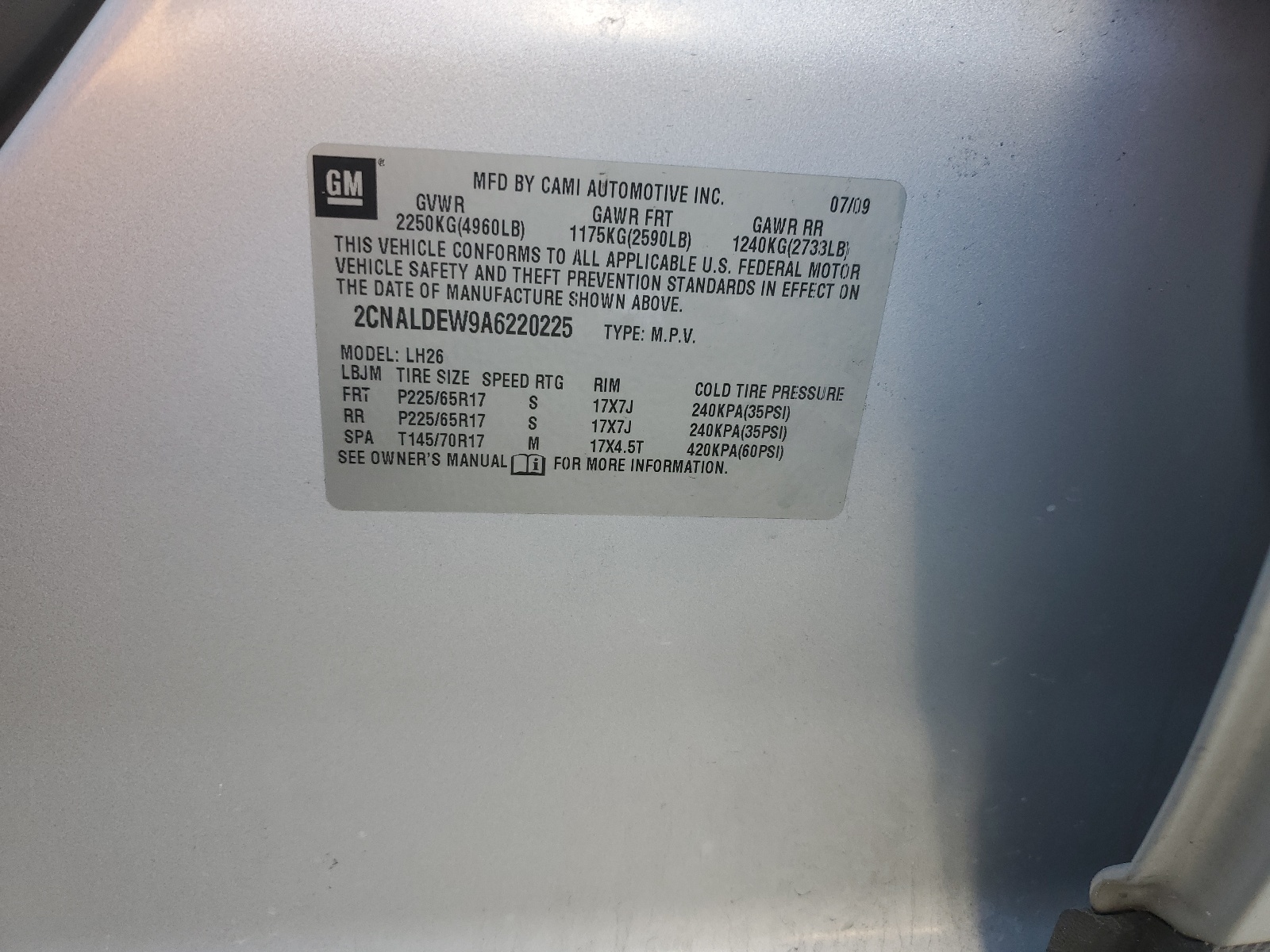 2CNALDEW9A6220225 2010 Chevrolet Equinox Lt