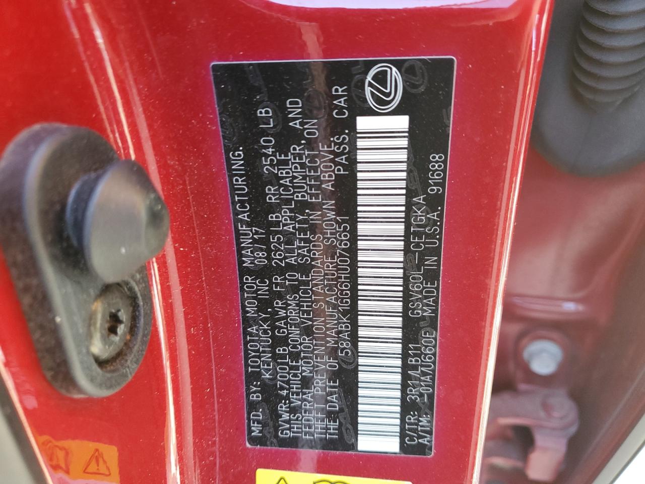 2017 Lexus Es 350 VIN: 58ABK1GG6HU076651 Lot: 50202724