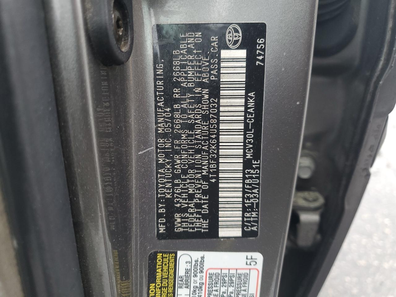 2004 Toyota Camry Le VIN: 4T1BF32K64U587032 Lot: 49416074