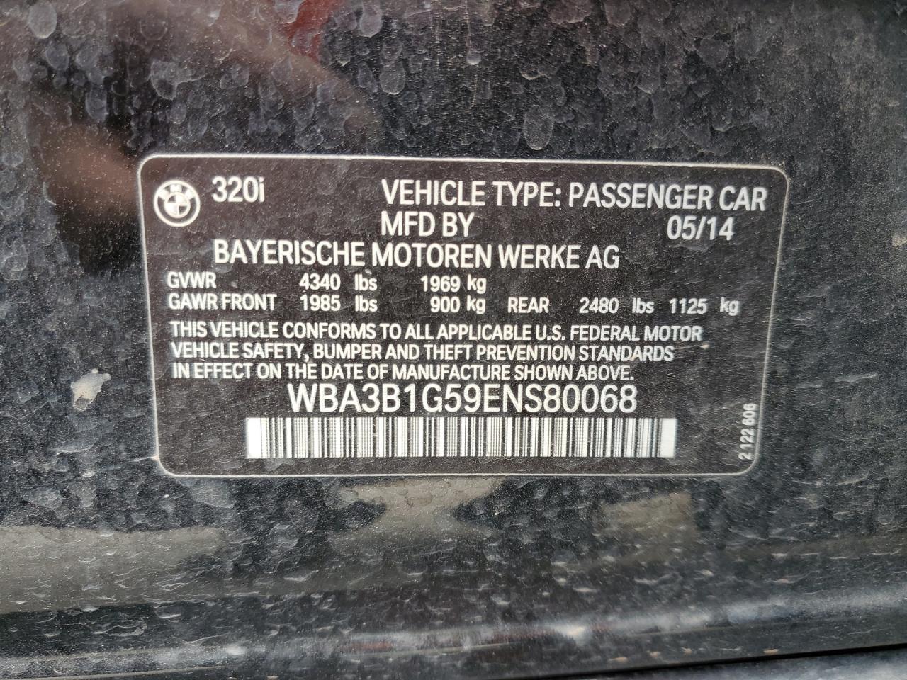 2014 BMW 320 I VIN: WBA3B1G59ENS80068 Lot: 51642204