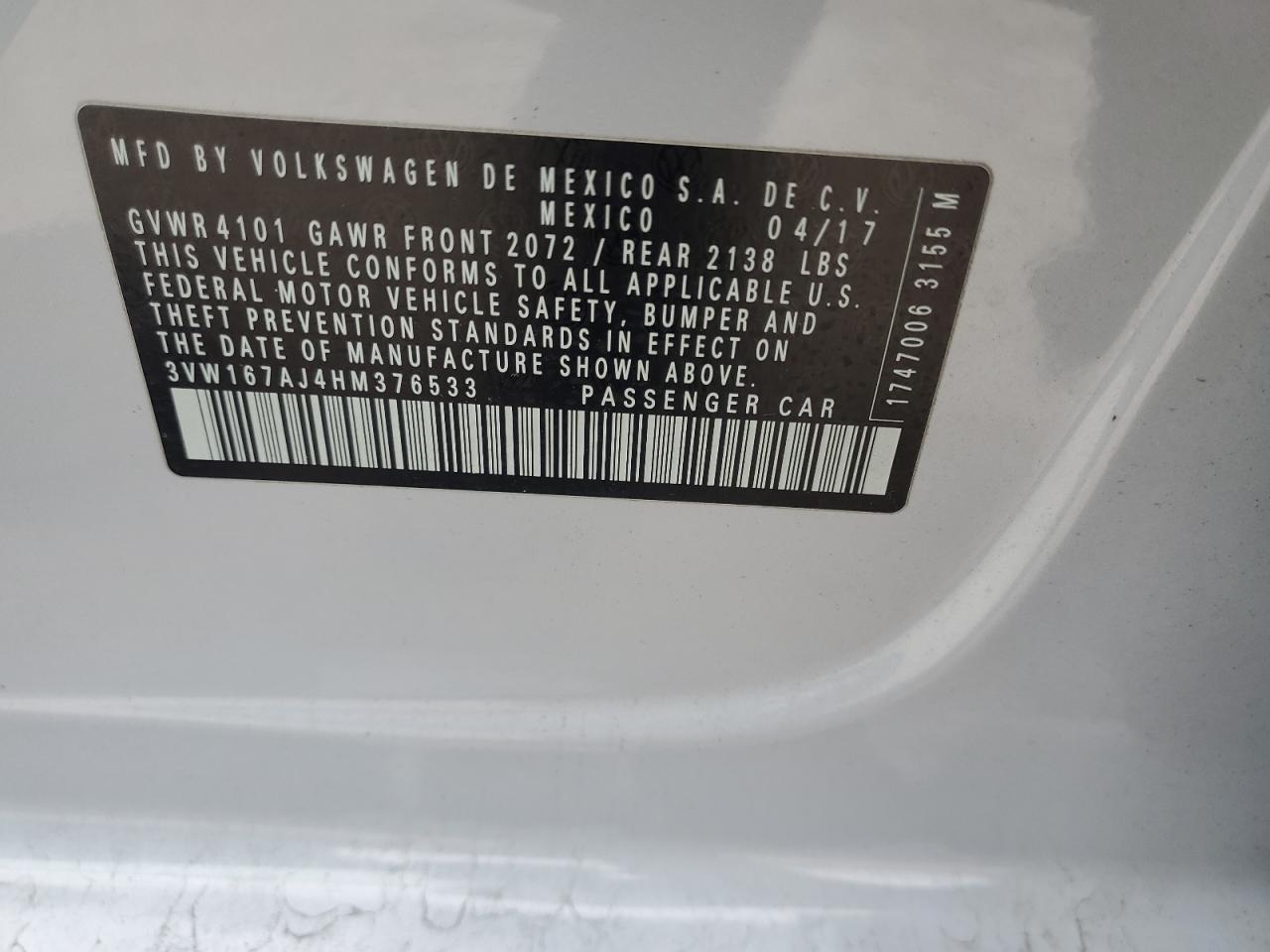 2017 Volkswagen Jetta S VIN: 3VW167AJ4HM376533 Lot: 52032594