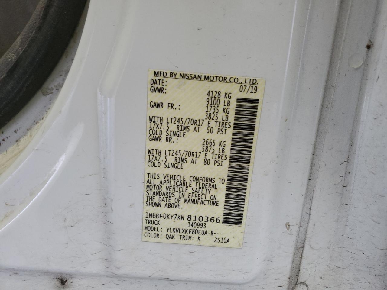 2019 Nissan Nv 2500 S VIN: 1N6BF0KY7KN810366 Lot: 51496164