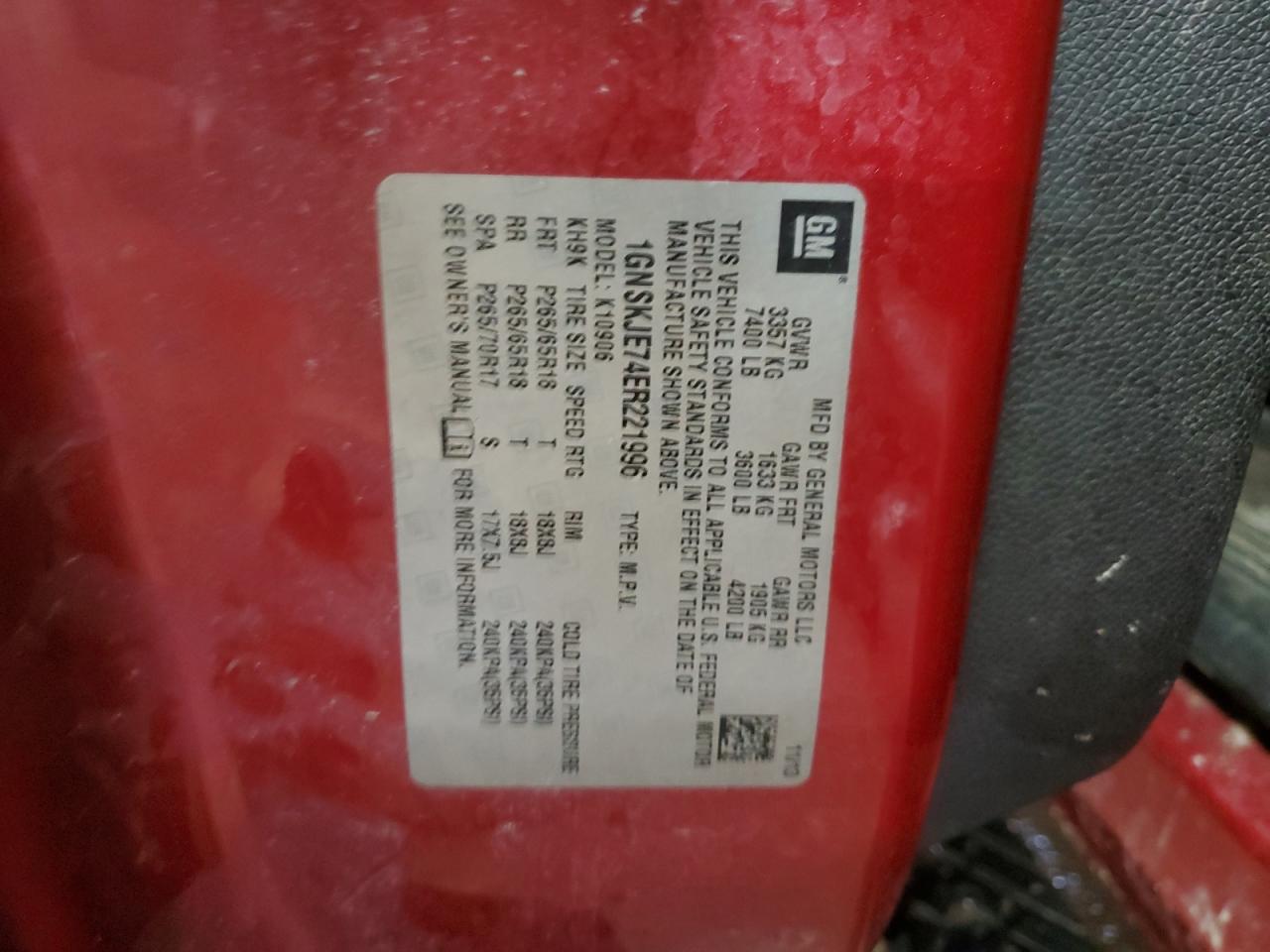 2014 Chevrolet Suburban K1500 Lt VIN: 1GNSKJE74ER221996 Lot: 52231824