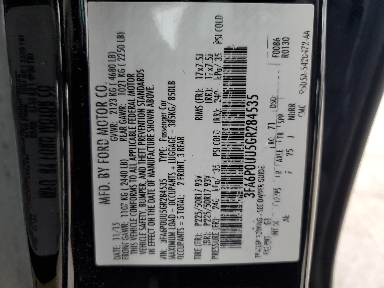 2016 Ford Fusion S Hybrid VIN: 3FA6P0UU5GR284535 Lot: 49320794