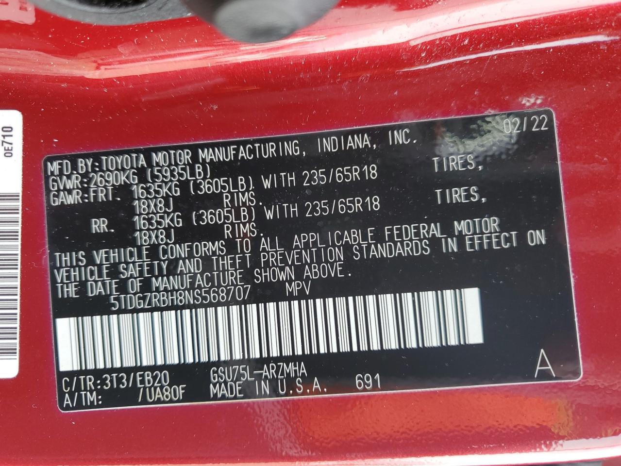 2022 Toyota Highlander Xle VIN: 5TDGZRBH8NS568707 Lot: 51174984