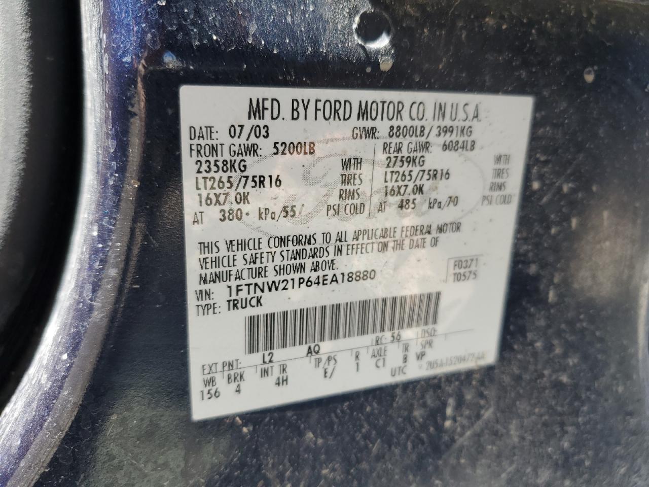 1FTNW21P64EA18880 2004 Ford F250 Super Duty