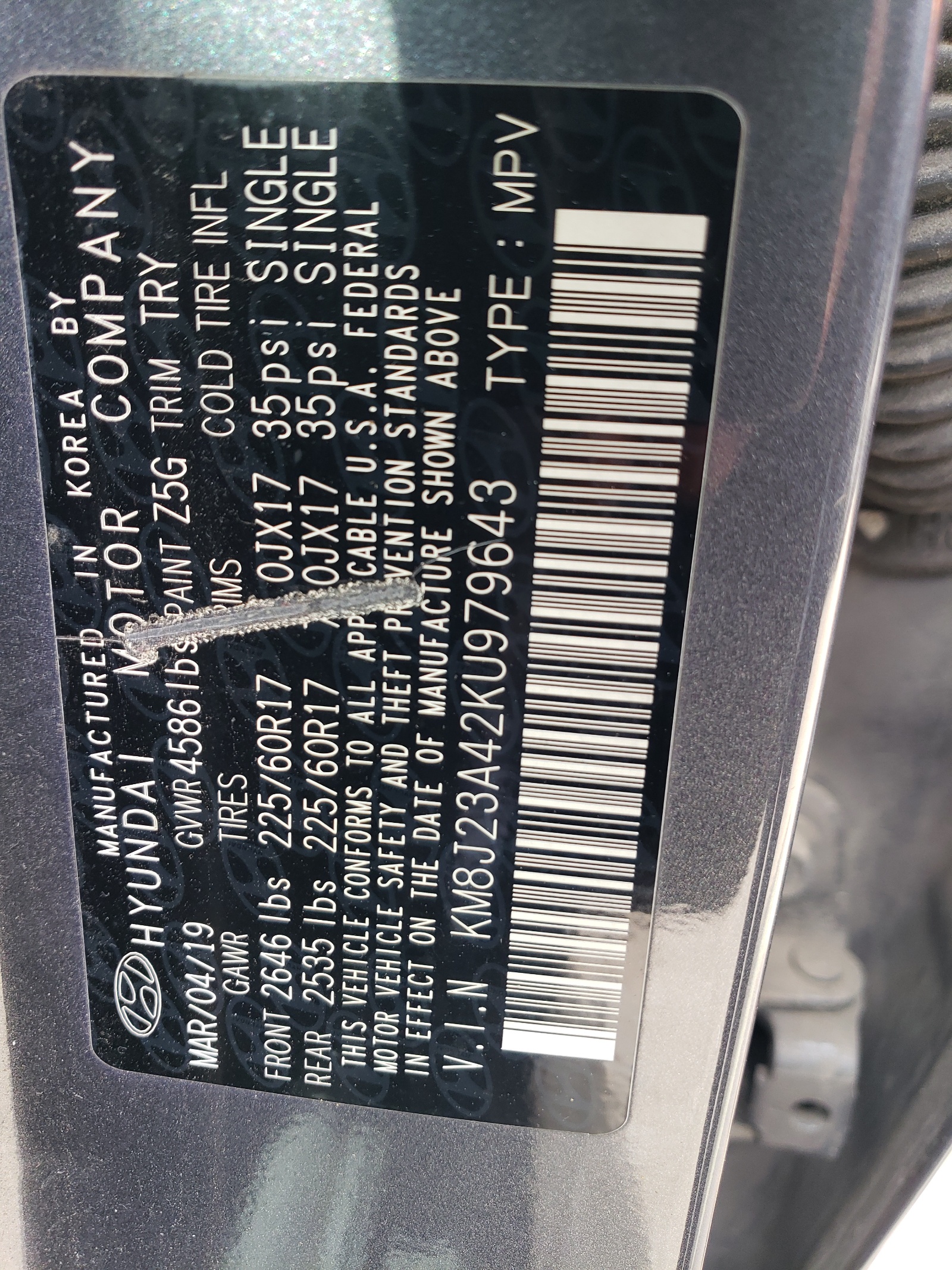 KM8J23A42KU979643 2019 Hyundai Tucson Se