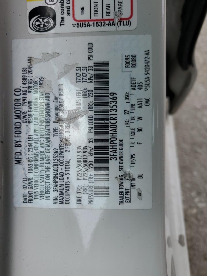 2012 Ford Fusion Se VIN: 3FAHP0HA0CR135369 Lot: 49778734