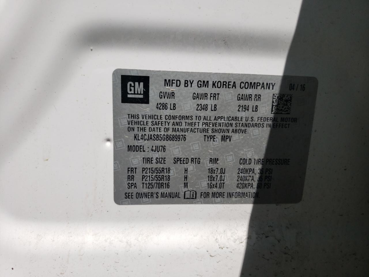 2016 Buick Encore VIN: KL4CJASB5GB689976 Lot: 51053965