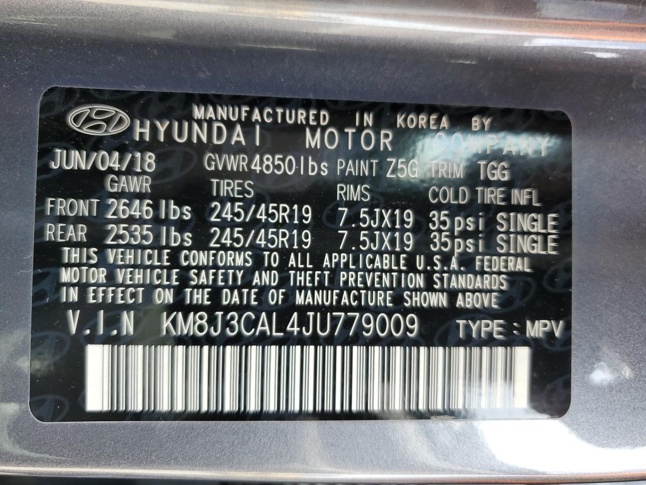 KM8J3CAL4JU779009 2018 Hyundai Tucson Sport