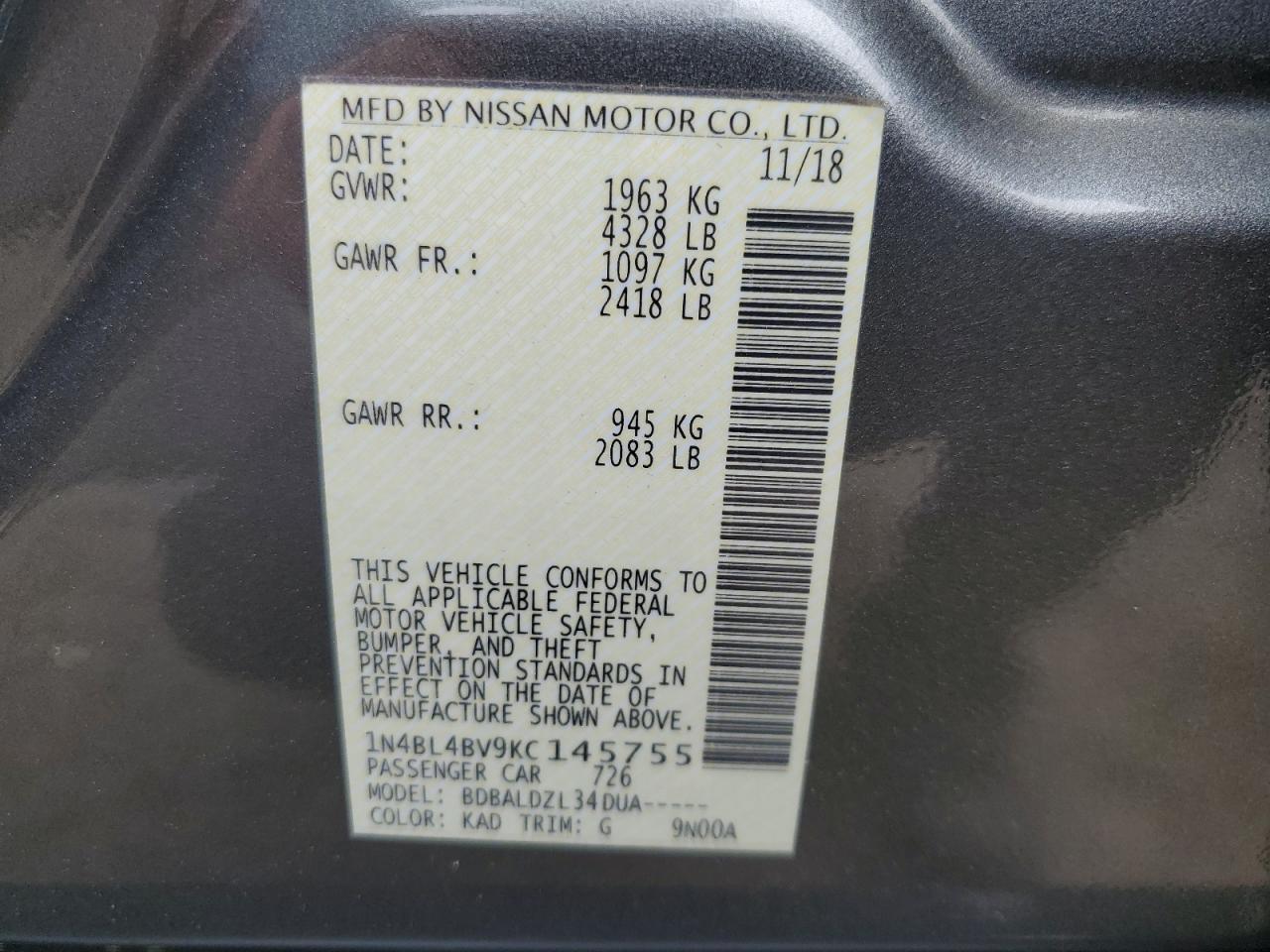 1N4BL4BV9KC145755 2019 Nissan Altima S