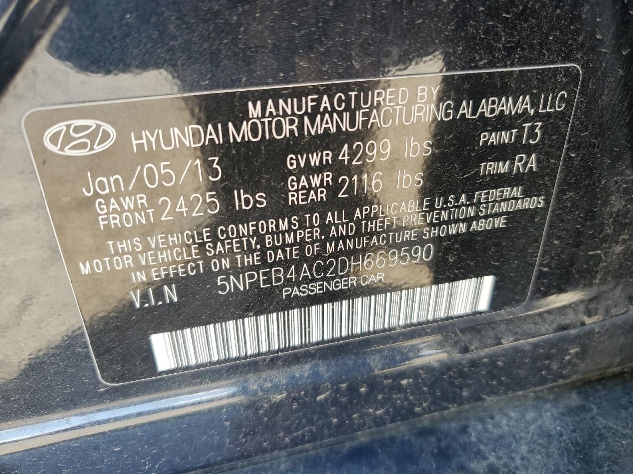 2013 Hyundai Sonata Gls VIN: 5NPEB4AC2DH669590 Lot: 63242514