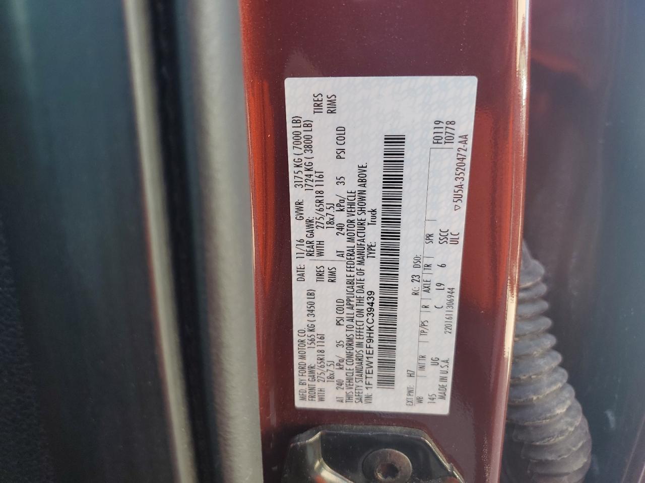 2017 Ford F150 Supercrew VIN: 1FTEW1EF9HKC39439 Lot: 51961674