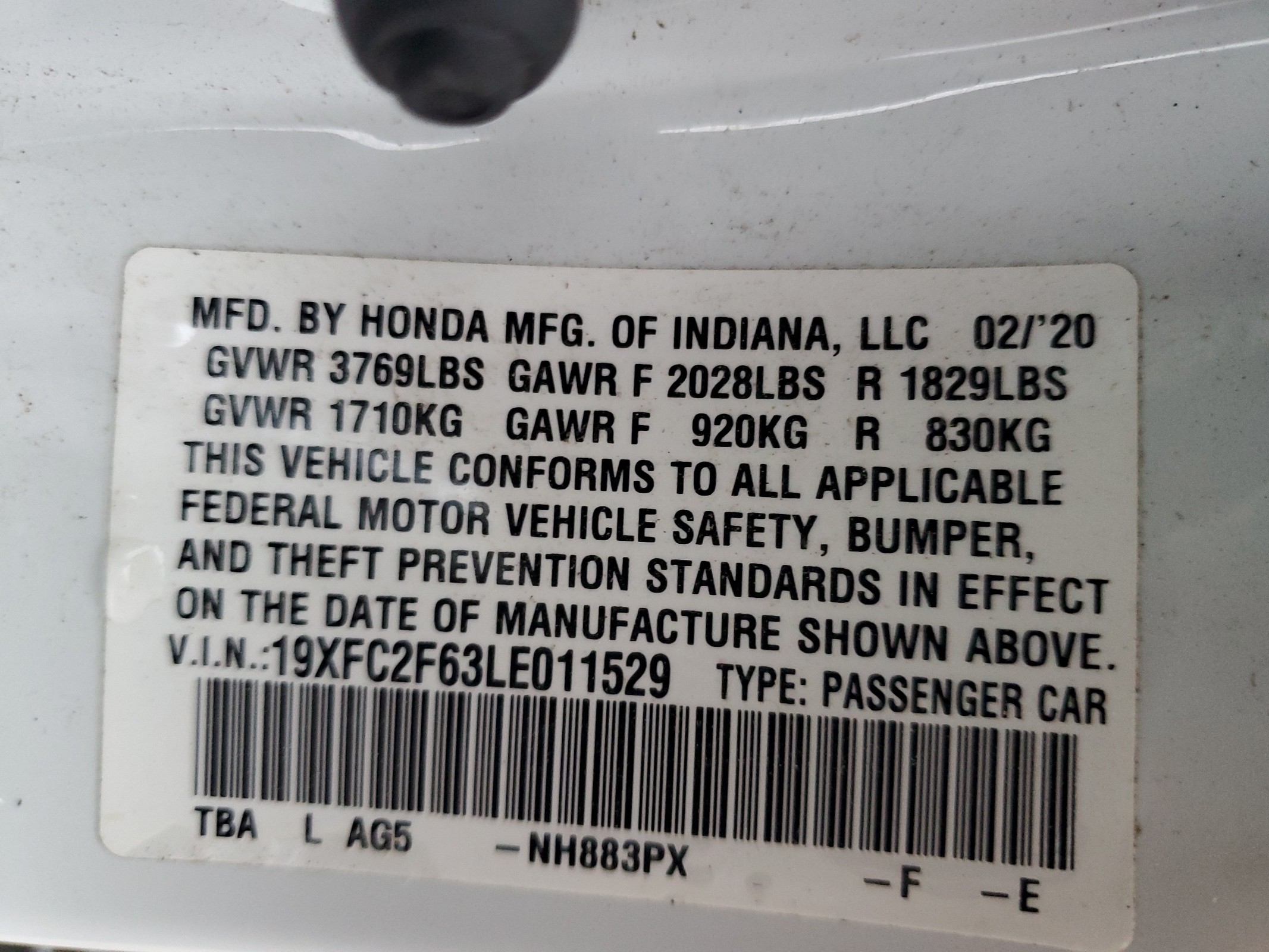 19XFC2F63LE011529 2020 Honda Civic Lx