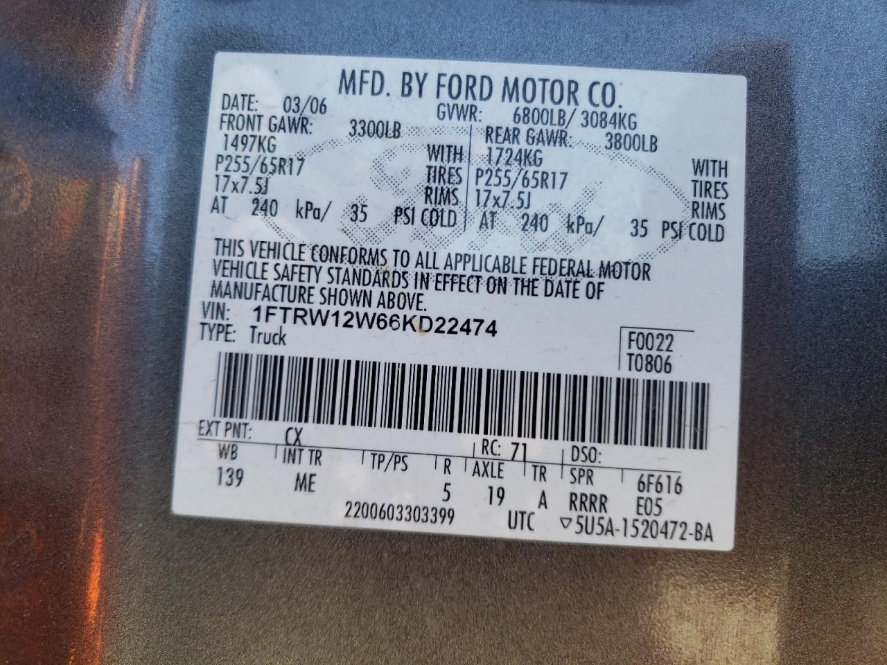 2006 Ford F150 Supercrew VIN: 1FTRW12W66KD22474 Lot: 50691884