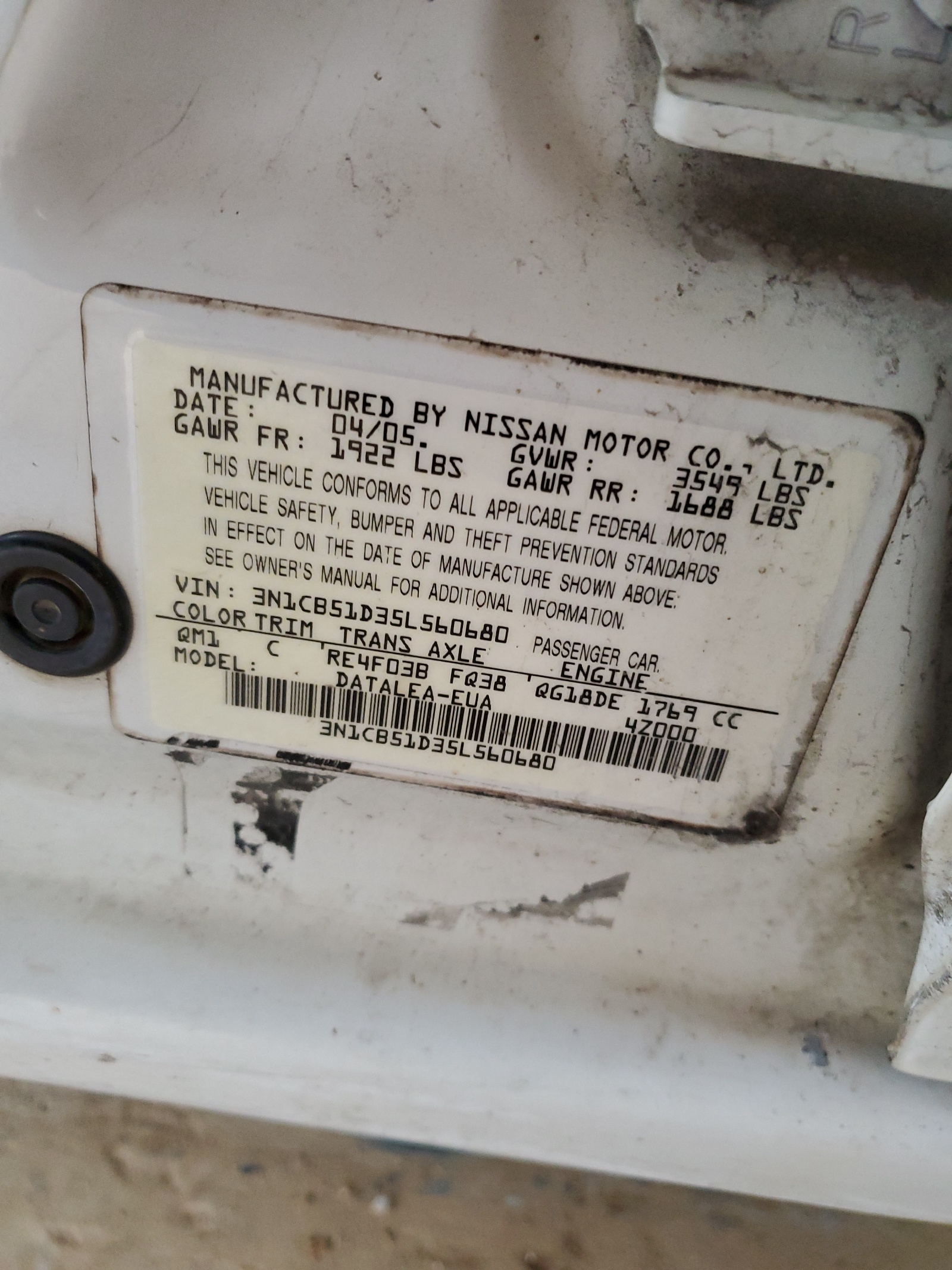 3N1CB51D35L560680 2005 Nissan Sentra 1.8