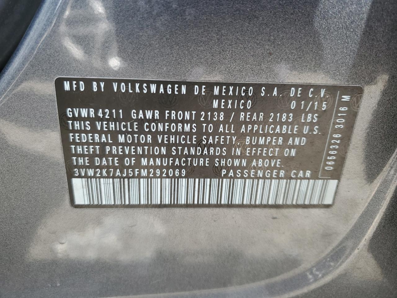 2015 Volkswagen Jetta Base VIN: 3VW2K7AJ5FM292069 Lot: 71402064