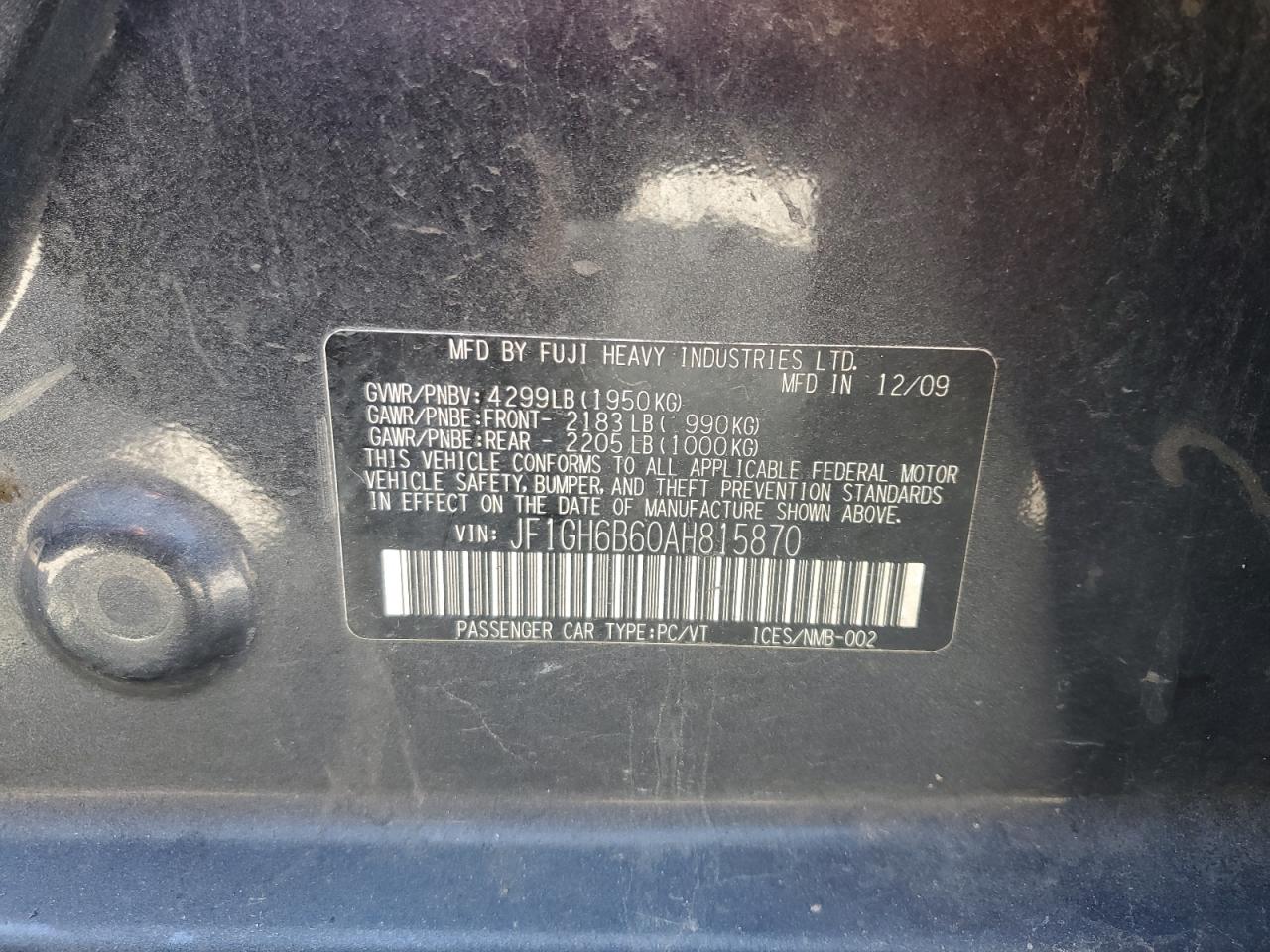 2010 Subaru Impreza 2.5I Premium VIN: JF1GH6B60AH815870 Lot: 48945514