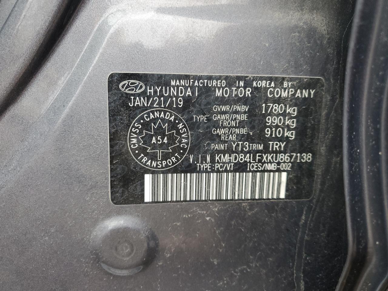 2019 Hyundai Elantra Sel VIN: KMHD84LFXKU867138 Lot: 51744284