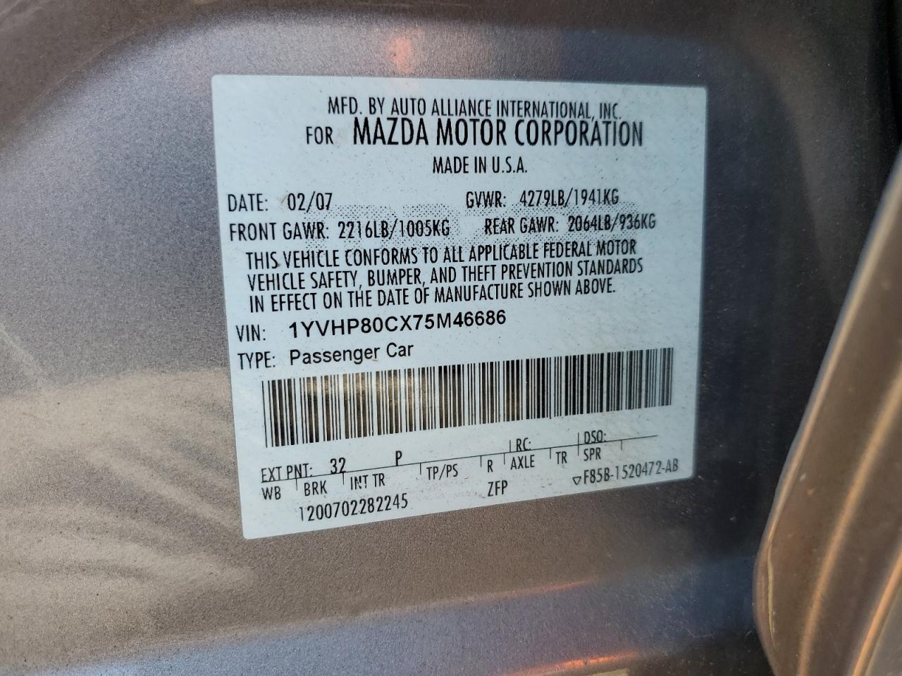 2007 Mazda 6 I VIN: 1YVHP80CX75M46686 Lot: 52355994