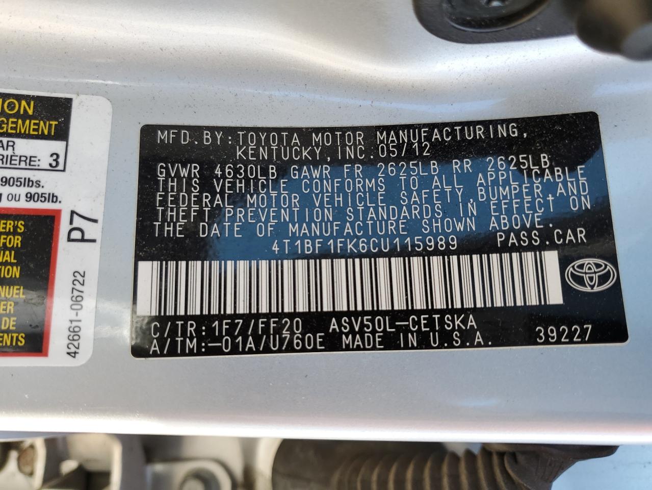 4T1BF1FK6CU115989 2012 Toyota Camry Base