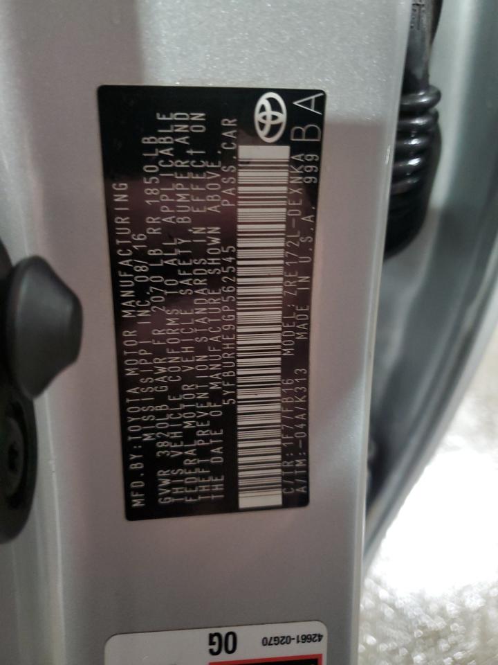 2016 Toyota Corolla L VIN: 5YFBURHE9GP562545 Lot: 50633984