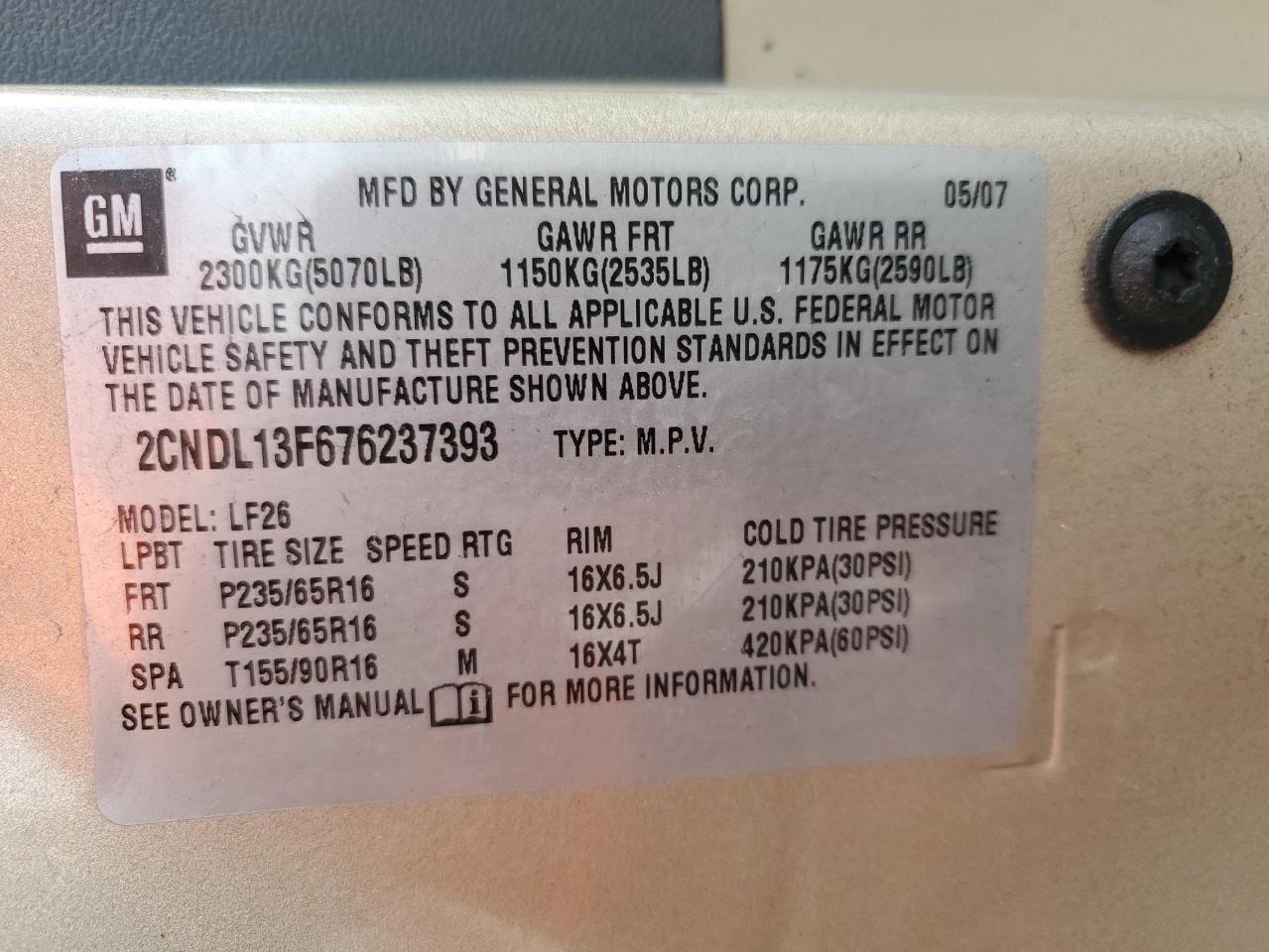 2CNDL13F676237393 2007 Chevrolet Equinox Ls