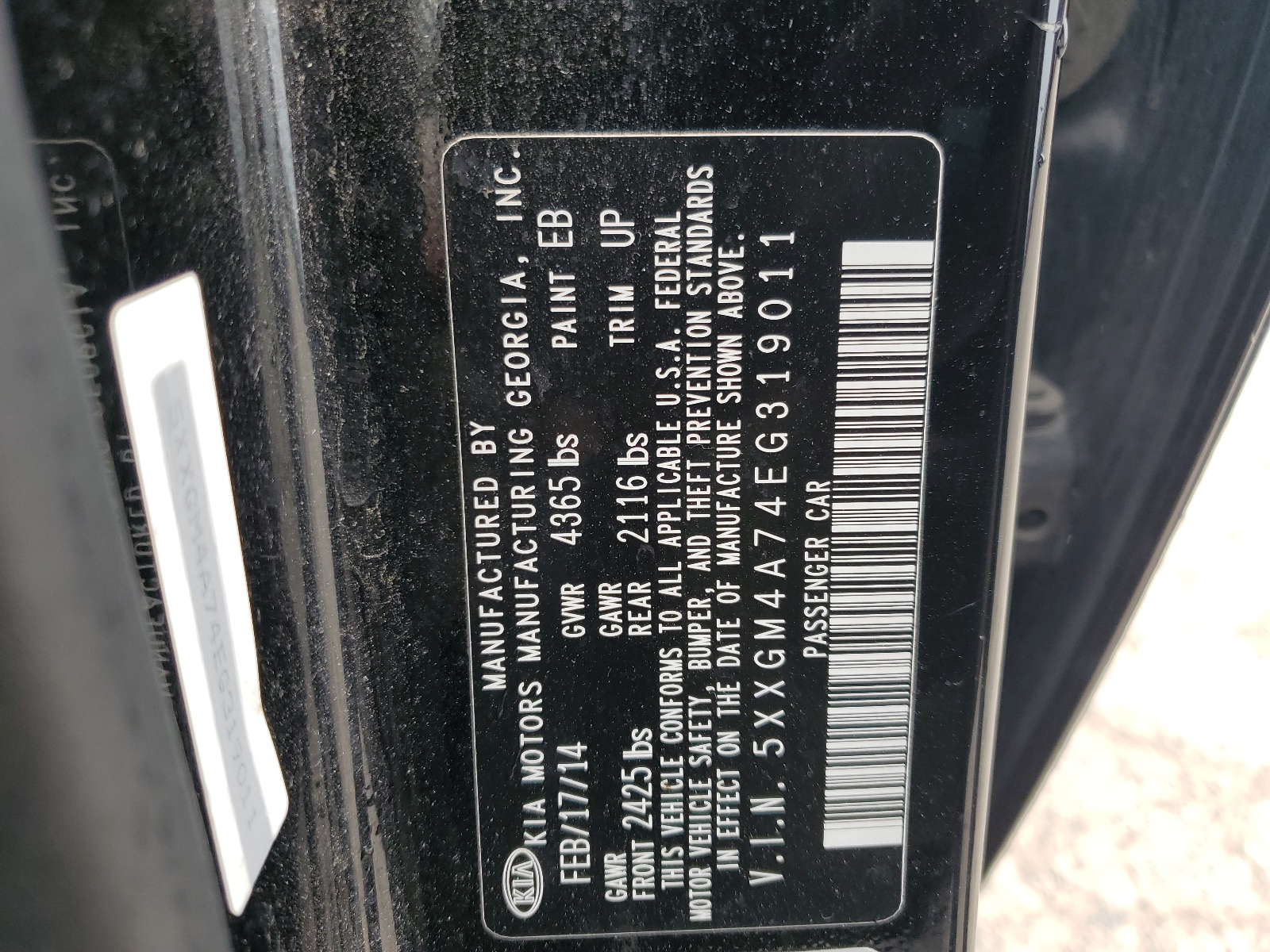 5XXGM4A74EG319011 2014 Kia Optima Lx