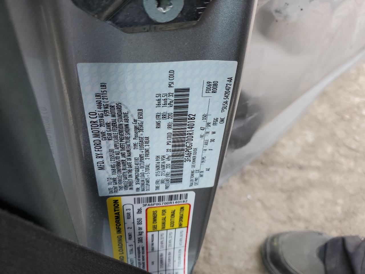 2013 Ford Fusion S VIN: 3FA6P0G70DR140182 Lot: 51660984