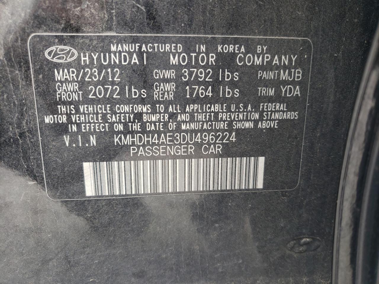 2013 Hyundai Elantra Gls VIN: KMHDH4AE3DU496224 Lot: 68012454