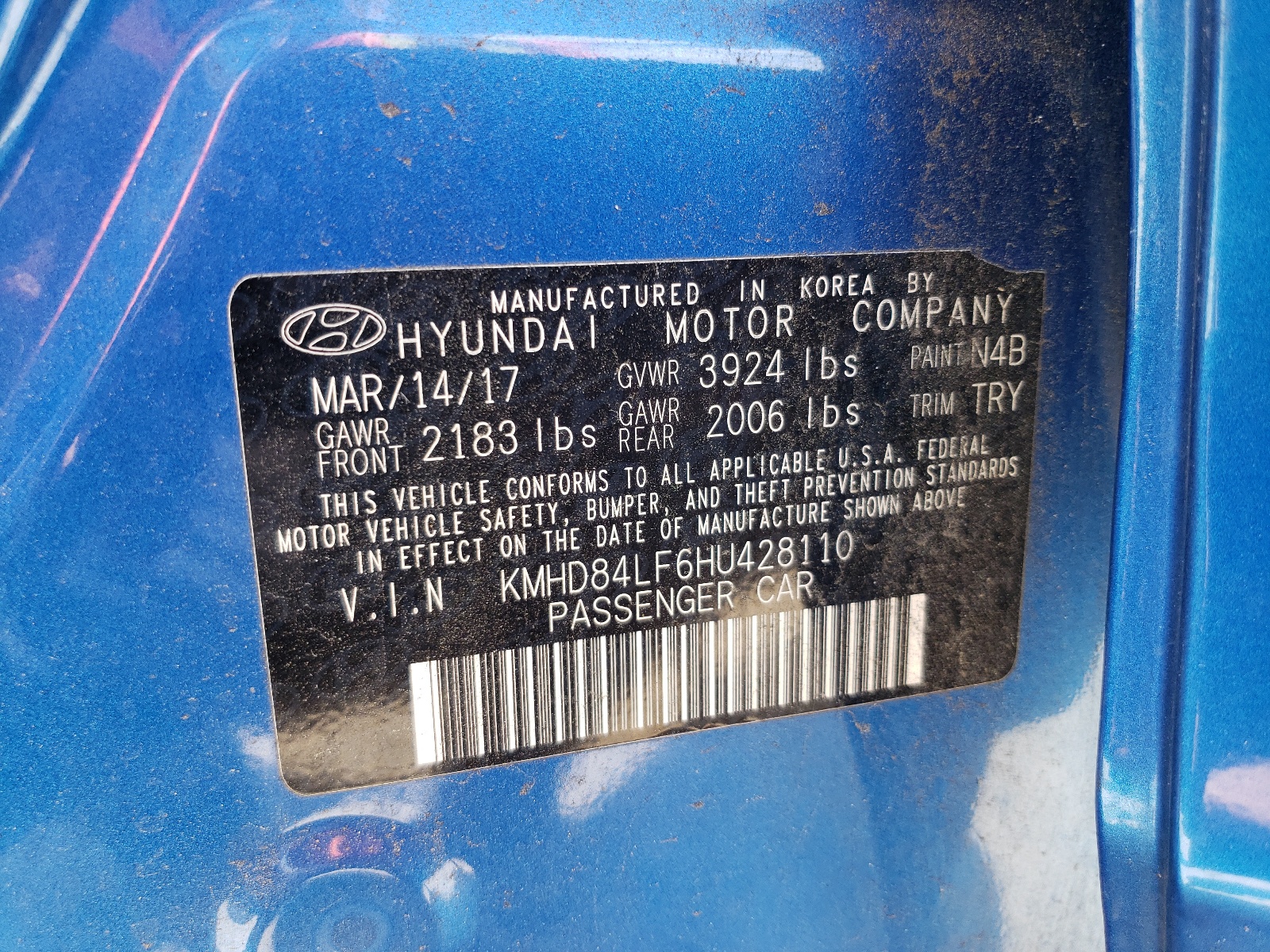 KMHD84LF6HU428110 2017 Hyundai Elantra Se