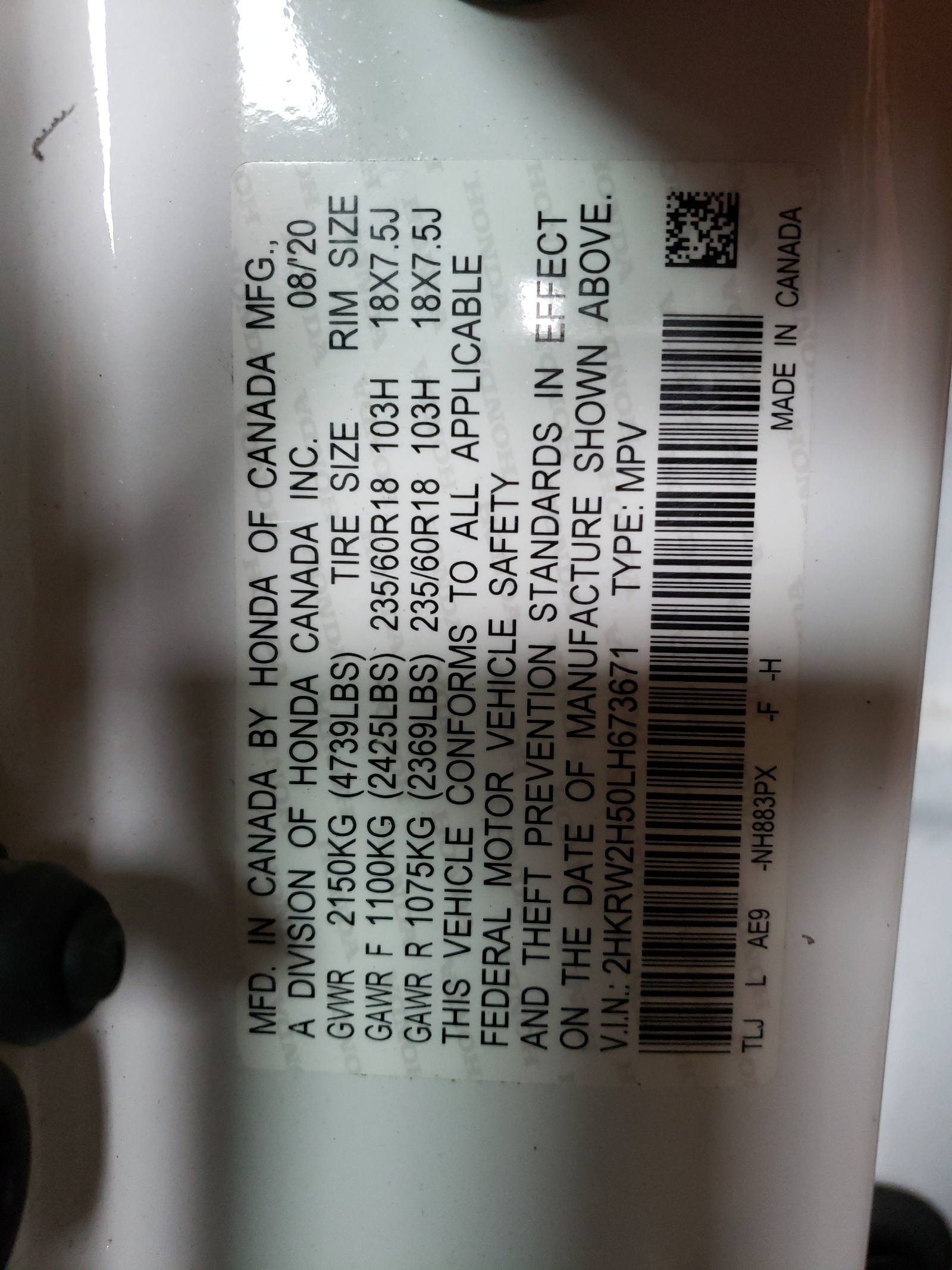 2HKRW2H50LH673671 2020 Honda Cr-V Ex