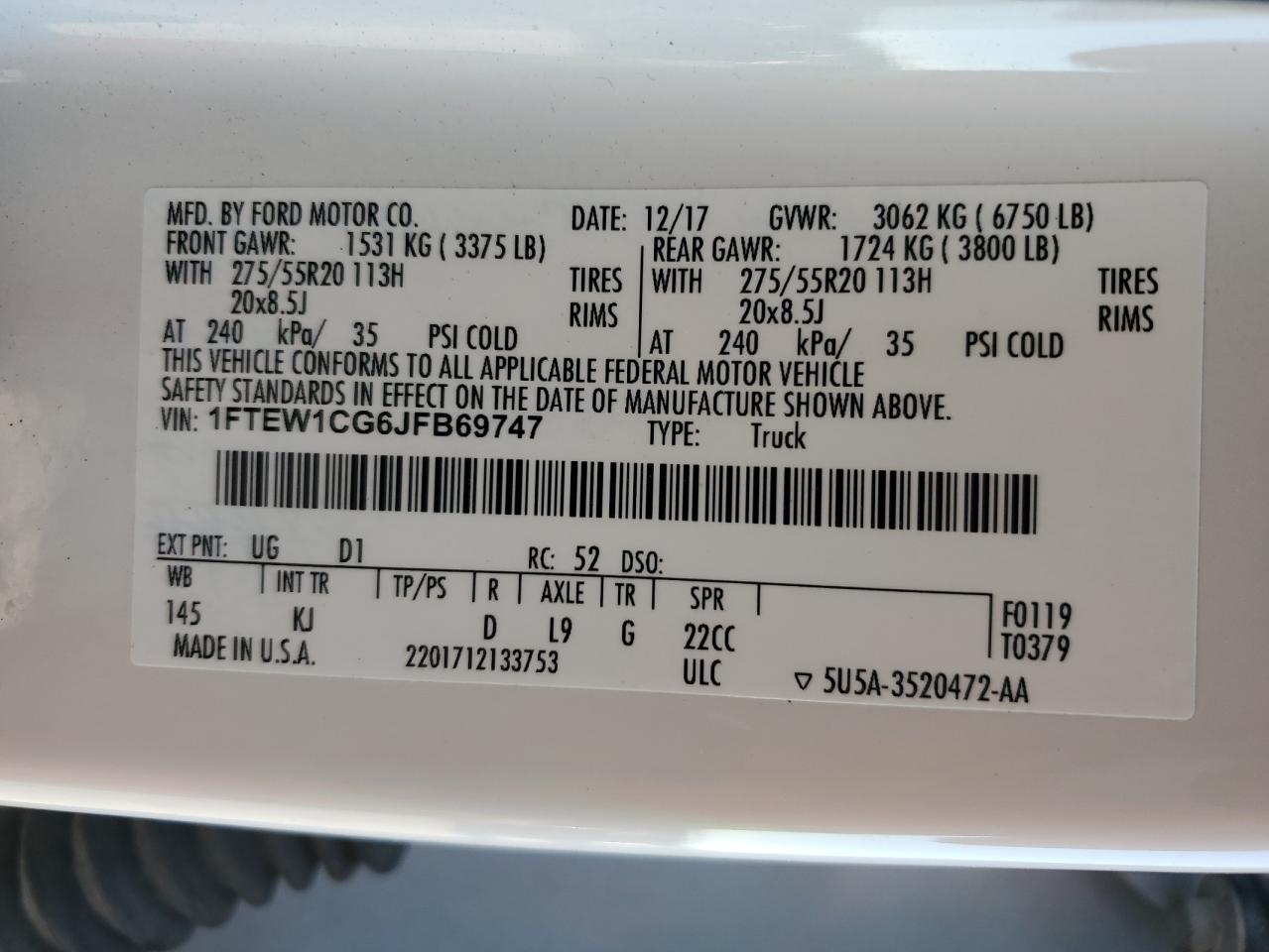 2018 Ford F150 Supercrew VIN: 1FTEW1CG6JFB69747 Lot: 50701204
