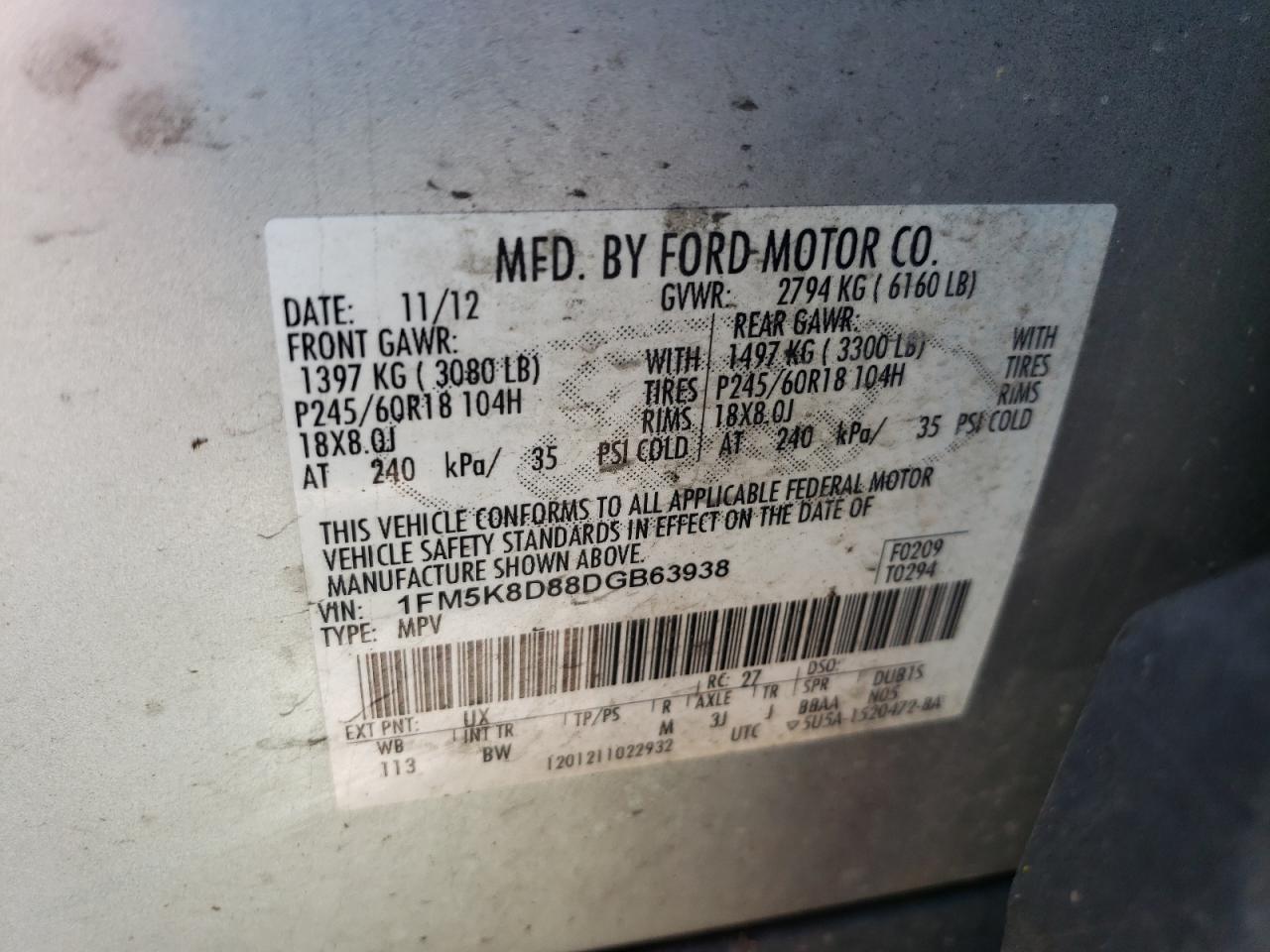 2013 Ford Explorer Xlt VIN: 1FM5K8D88DGB63938 Lot: 52605034